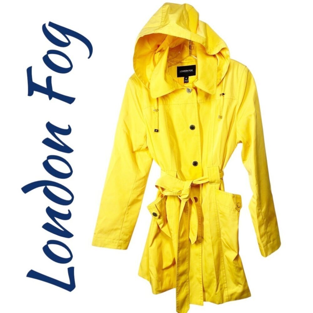 LONDON FOG Bright Yellow Fisherman Trench Raincoat Hood Belted, Size Medium‎